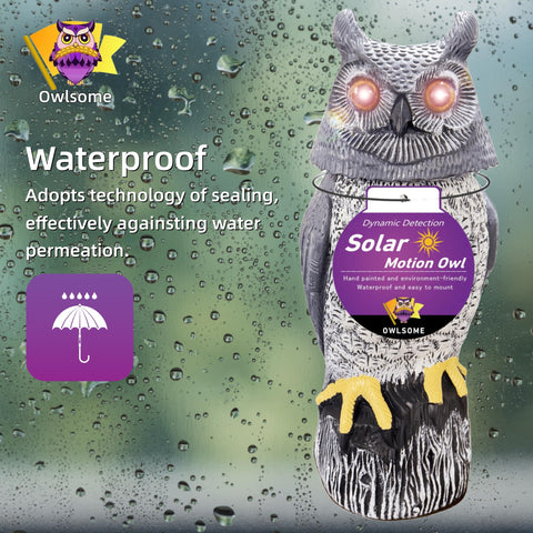 Owlsome solar owl emits gentle hoot sounds for playful garden ambiance.