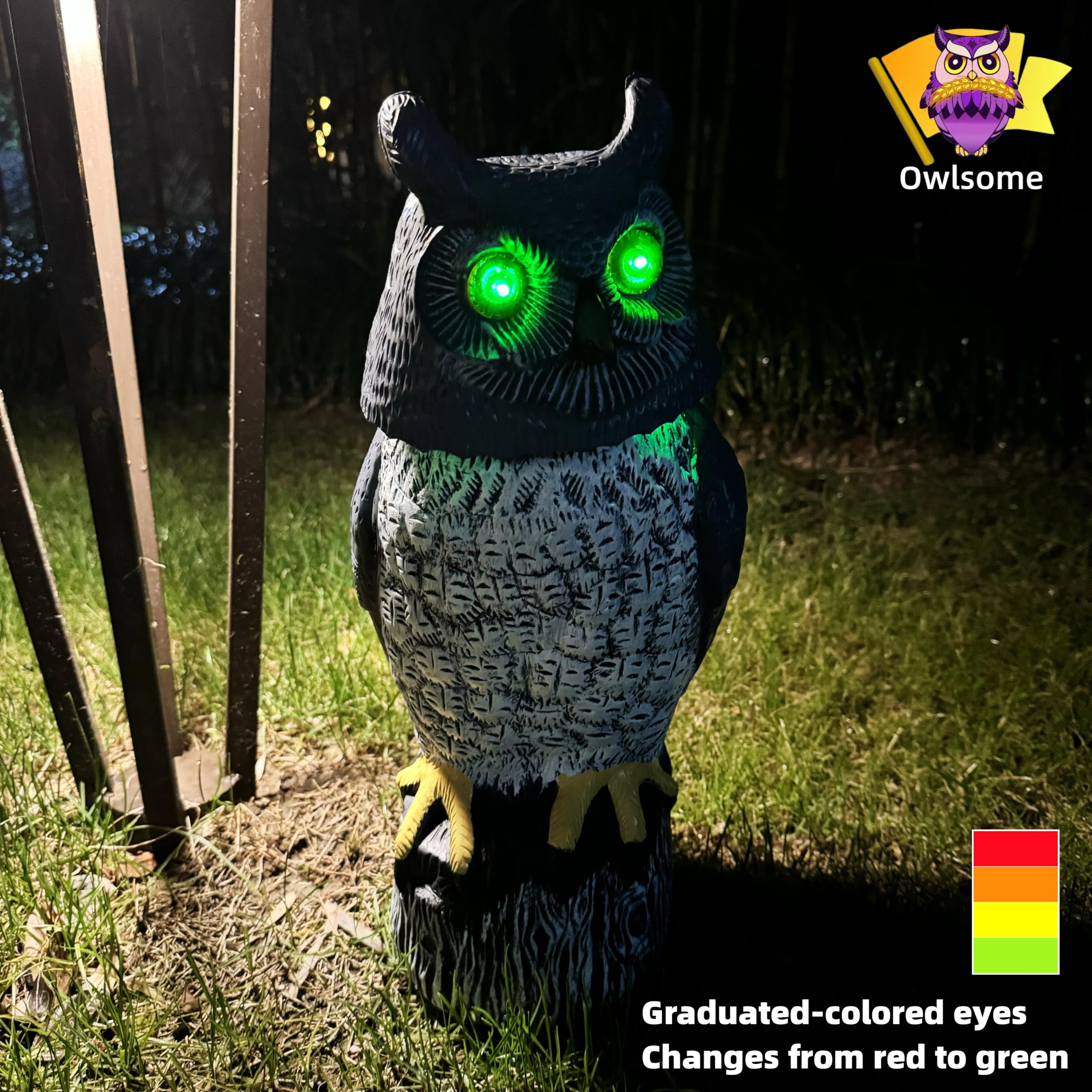 Owlsome solar owl detects movement up to twenty feet for deterrent vibes.