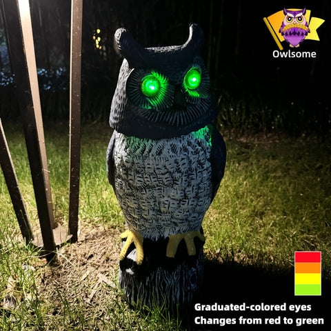 Owlsome solar owl detects movement up to twenty feet for deterrent vibes.