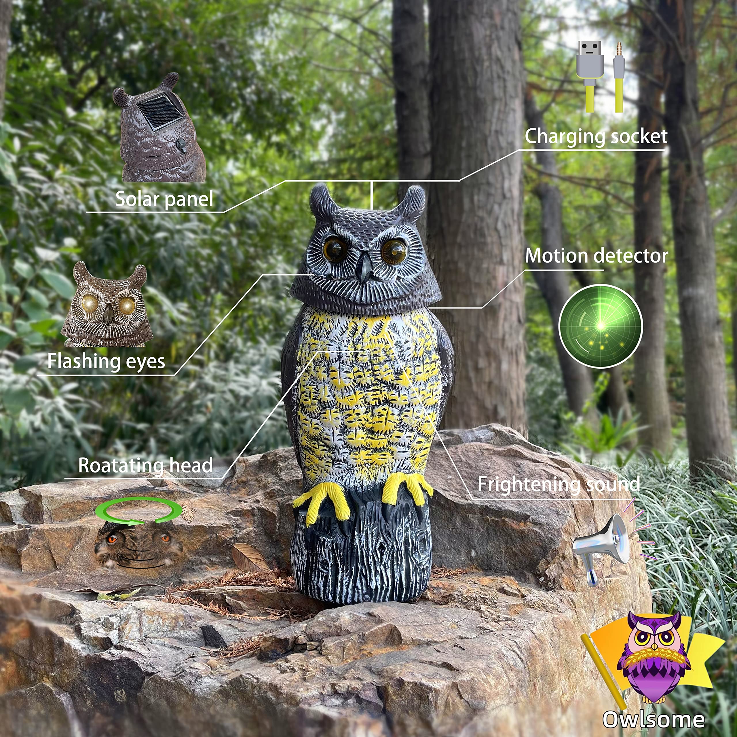 Owlsome Solar Owl featuring rotating head adds lifelike motion to outdoor space.