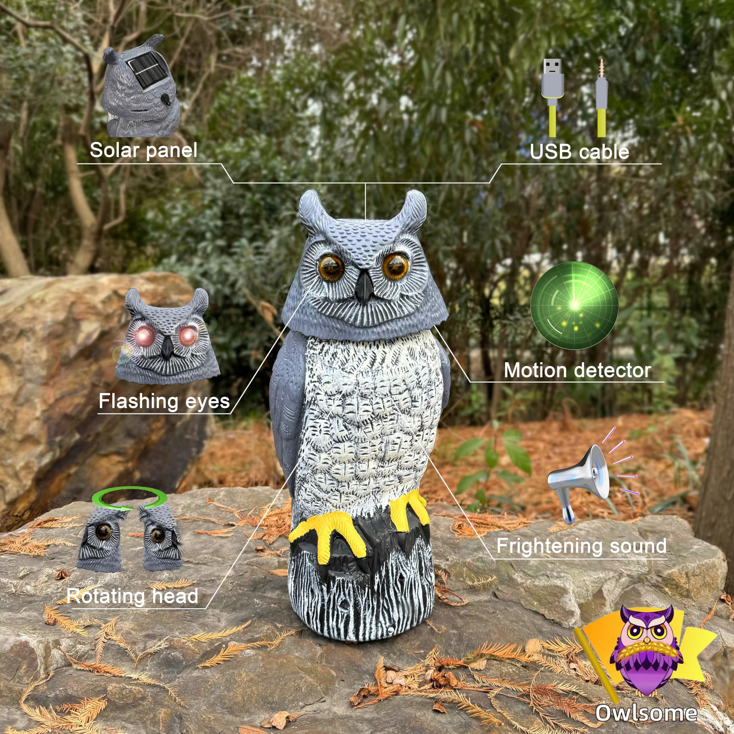 Owlsome solar owl rotating head adds lifelike motion to outdoor decor.