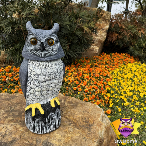 Owlsome solar owl is weatherproof and life-sized for durable garden decor.