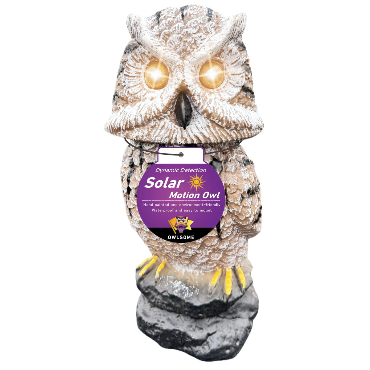 Owlsome solar tiger owl with flashing eyes enhances night garden security and ambiance.