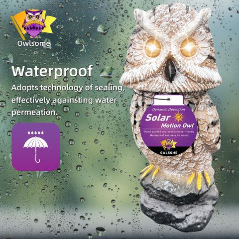 Owlsome solar tiger owl motion detector detects approaching visitors up to 20 feet.
