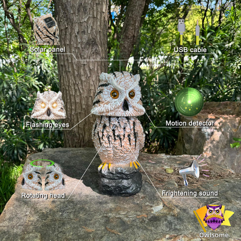 Owlsome solar tiger owl rotating head adds lifelike movement after dusk.