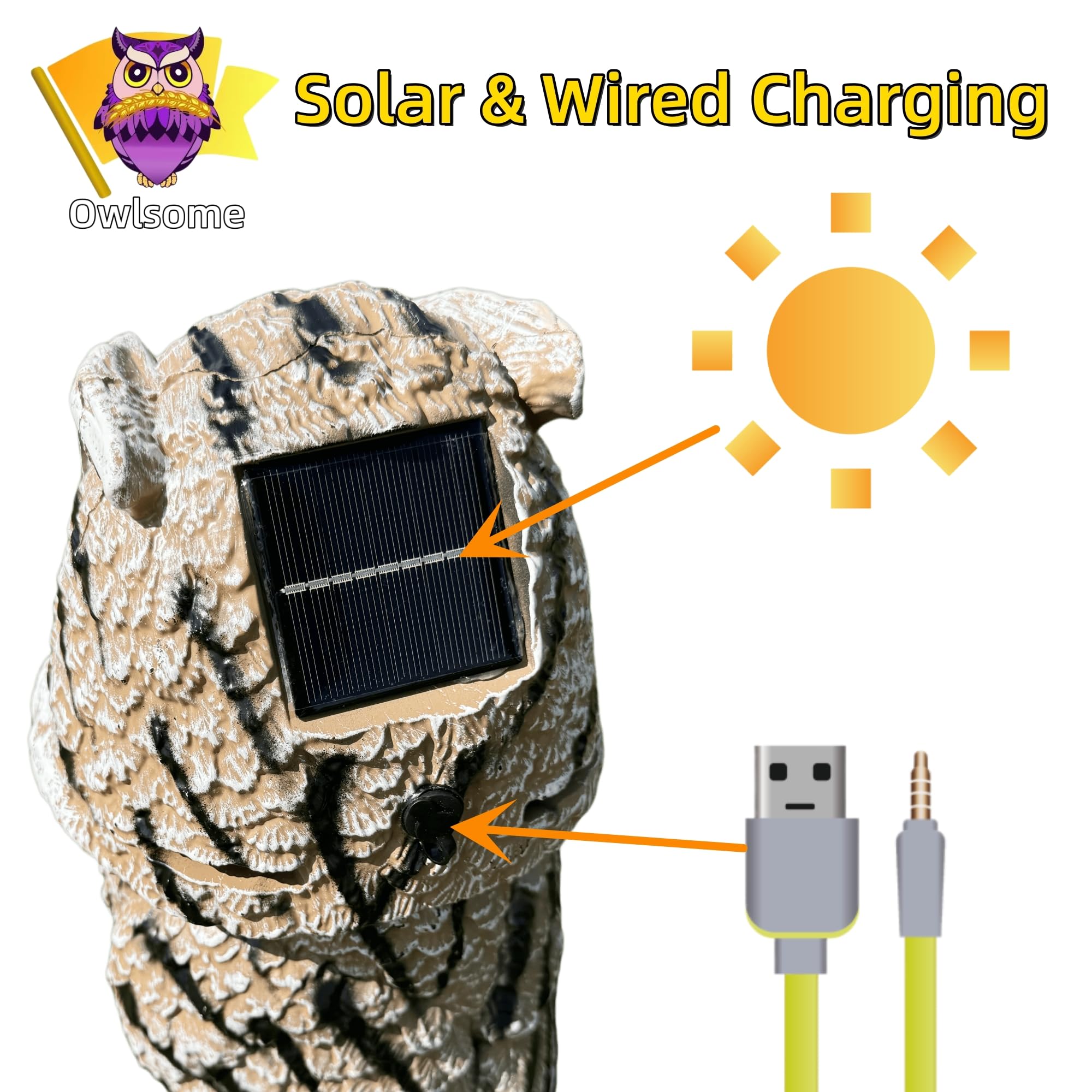 Owlsome solar tiger owl waterproof construction stands up to rain and shine.