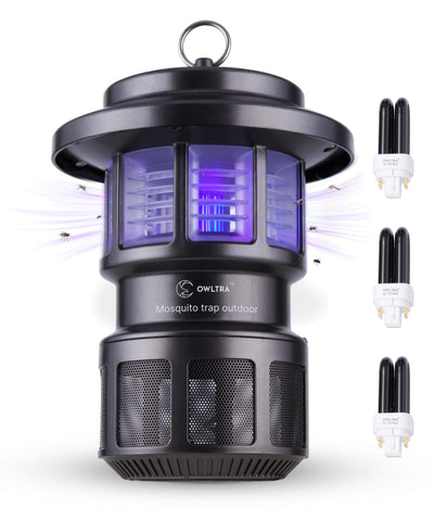 OWLTRA OMT-L20 trap outdoors at dusk attracting insects safely.