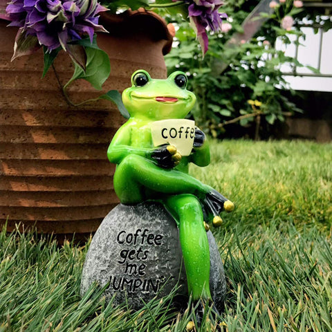 OwMell frog statue in garden drinking coffee adds playful charm