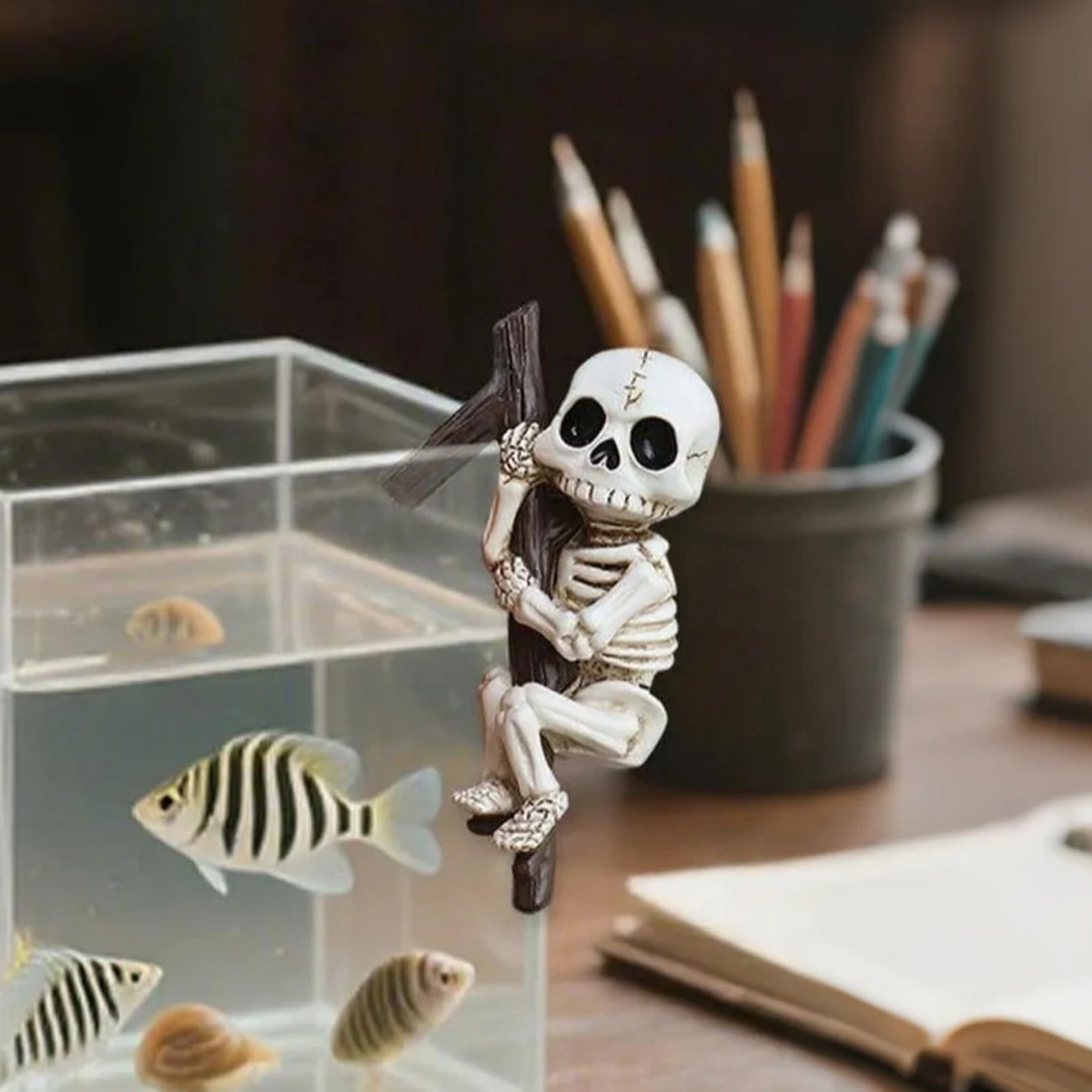 OwMell garden decor skeleton pendant on planter brightens shelves or terrariums.