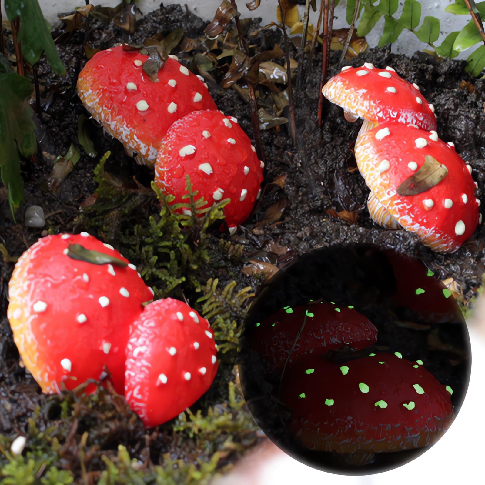 OwMell glow-mushroom trio accents patio lawn with soft night lighting.
