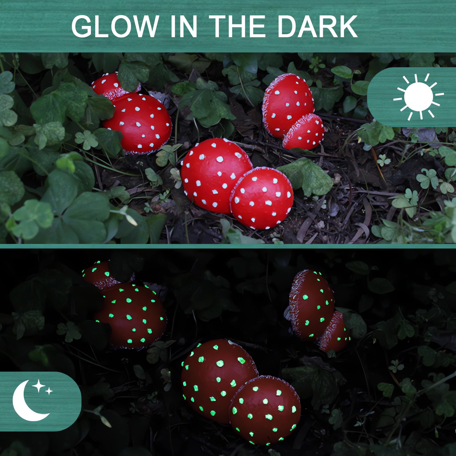 OwMell glow-mushroom in a fairy garden ready to illuminate after sunset.