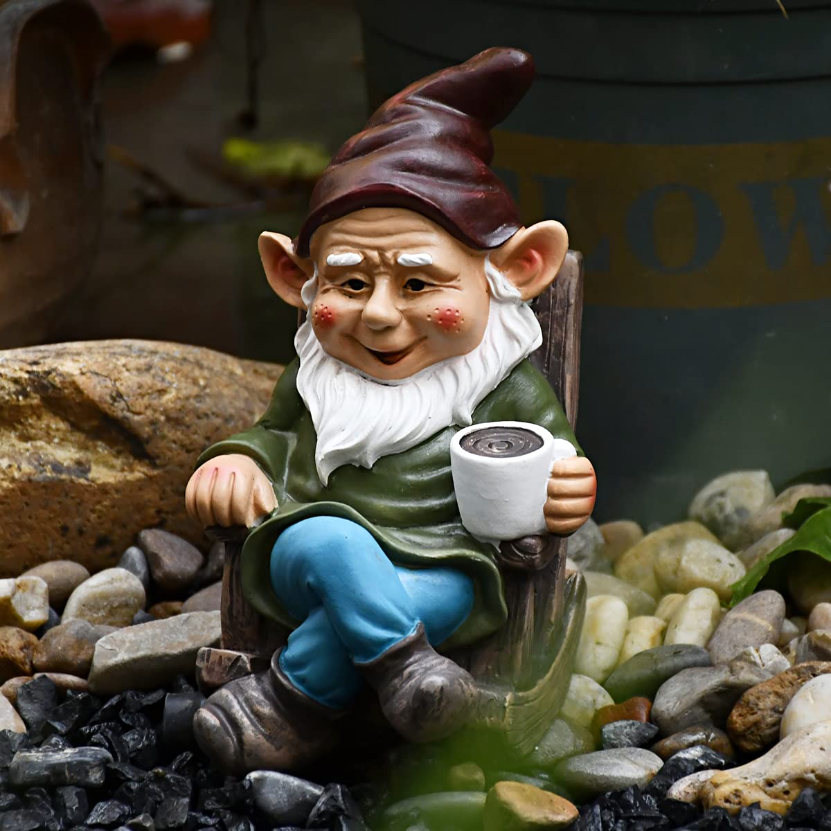OwMell gnome statue with coffee on rocking chair enhances garden charm.