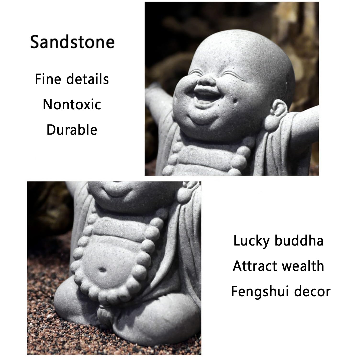 OwMell Laughing Buddha Jizo display enhances calm room aesthetics