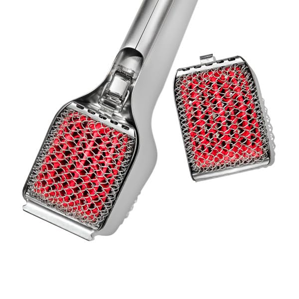 OXO Good Grips grill brush features a metal scraper for deep cleaning grill surfaces.