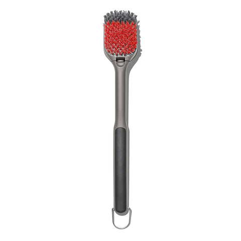 OXO Good Grips grill brush head close-up showing durable nylon bristles for cold cleaning