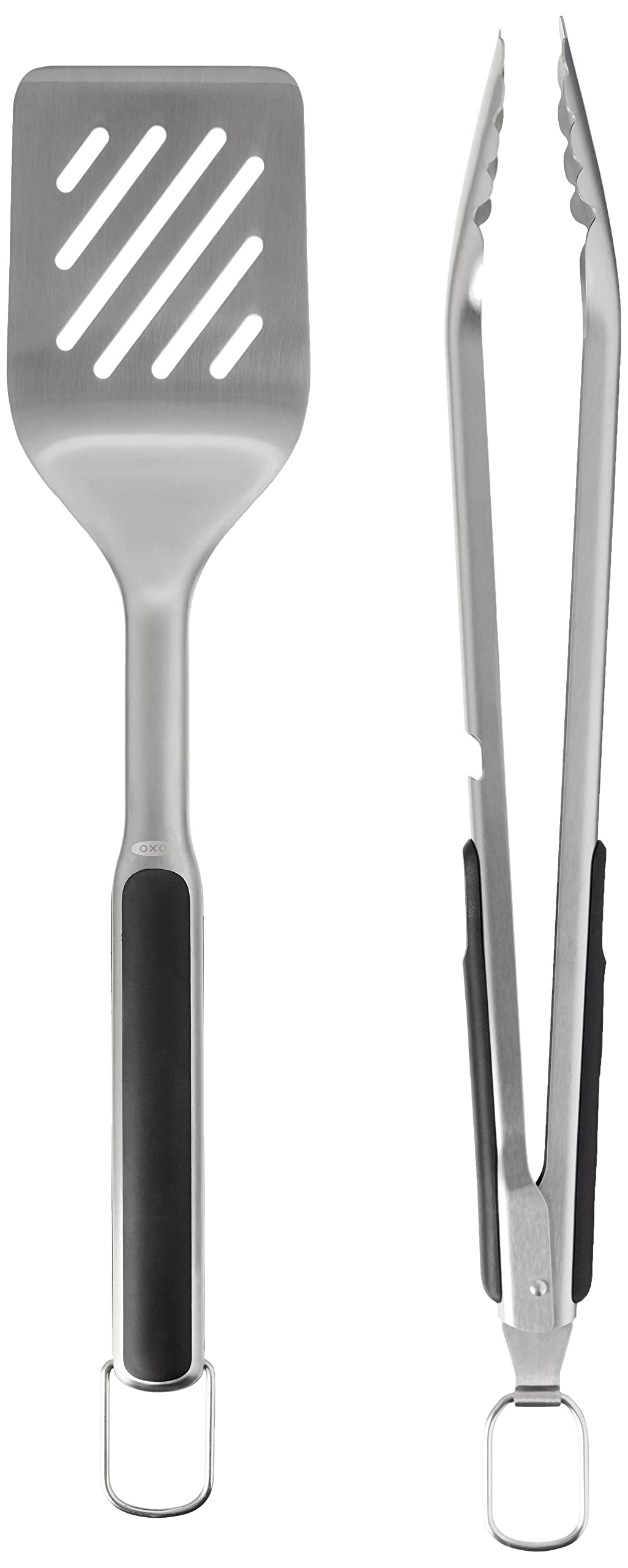 Built-in bottle opener on OXO Good Grips grilling tongs for grill-side drinks.