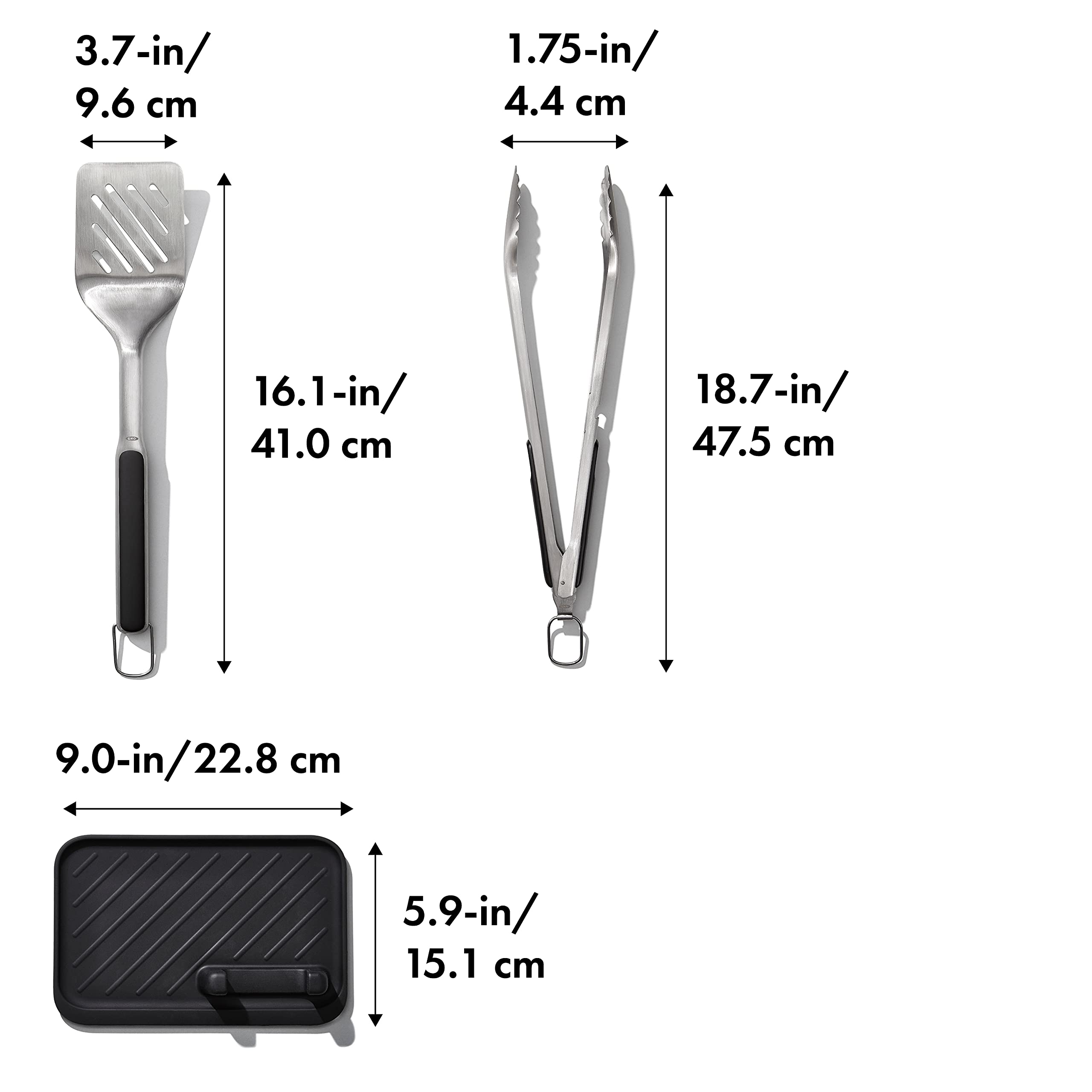 OXO Good Grips tool rest in heat-resistant silicone protecting counters.
