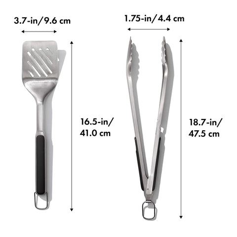 OXO Good Grips grilling tools set showing dishwasher-safe stainless steel