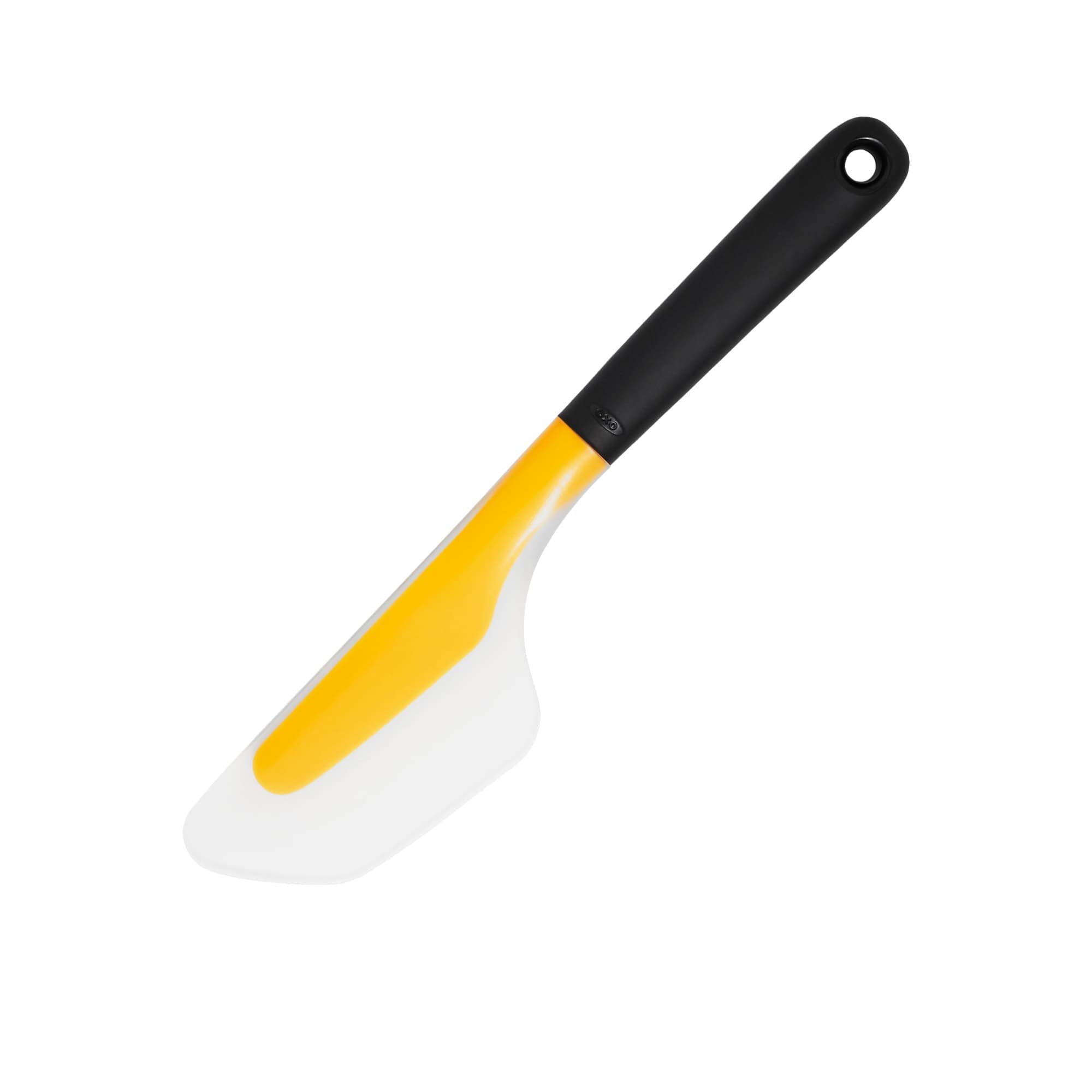 OXO Good Grips mini omelet turner yellow glides under food for easy flipping.