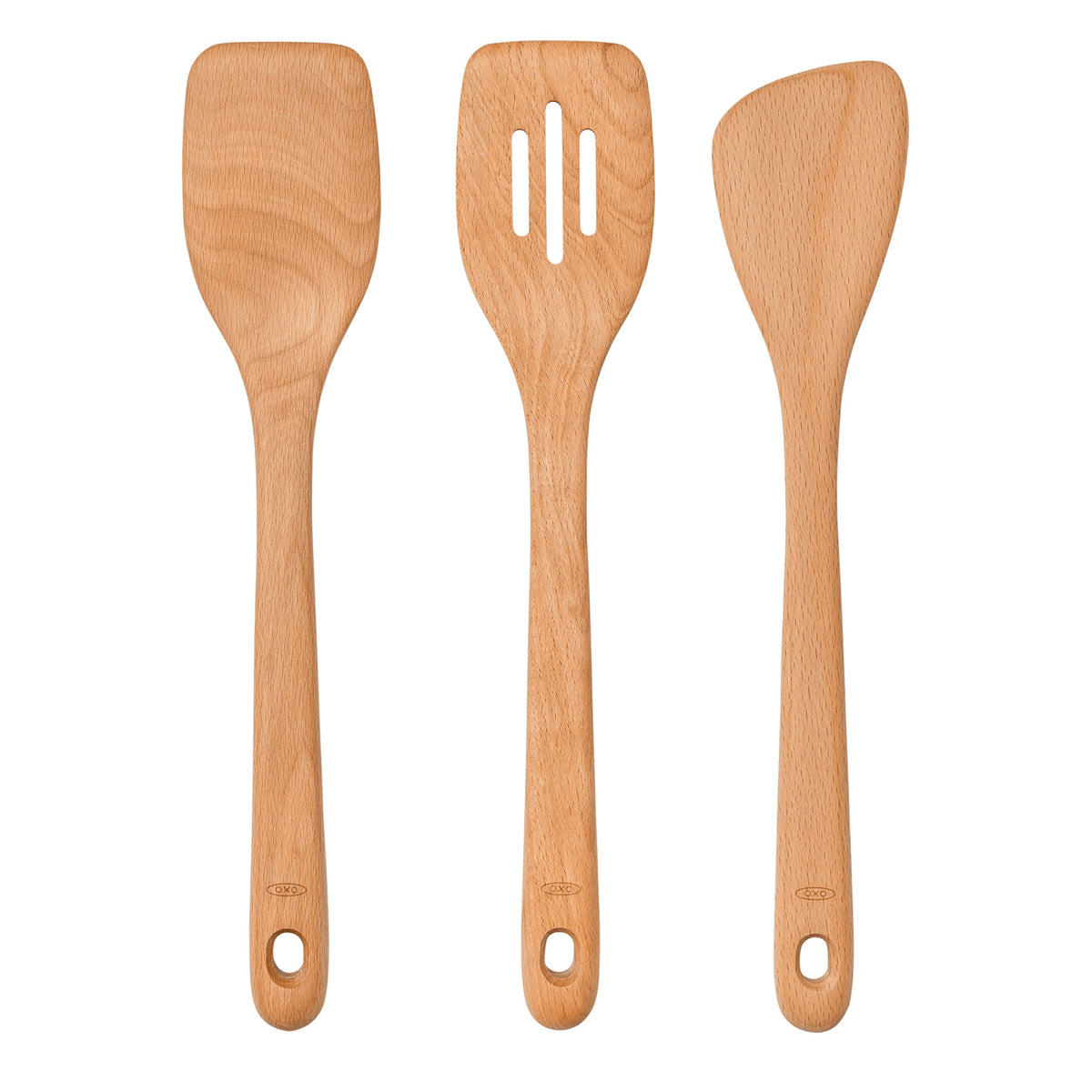 OXO Good Grips slotted turner in beechwood, ideal for flipping without sticking.