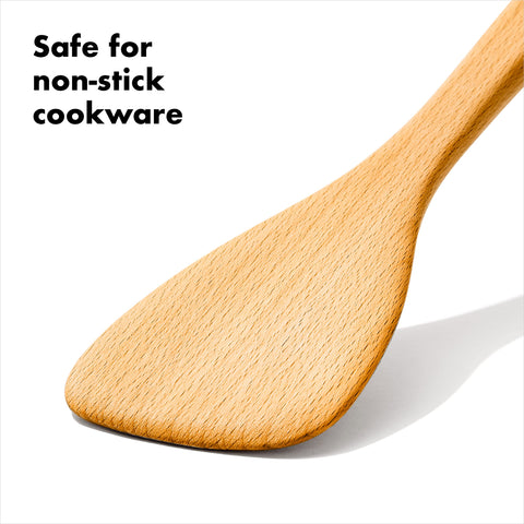 OXO Good Grips wooden handle designed for comfort and pan corners.