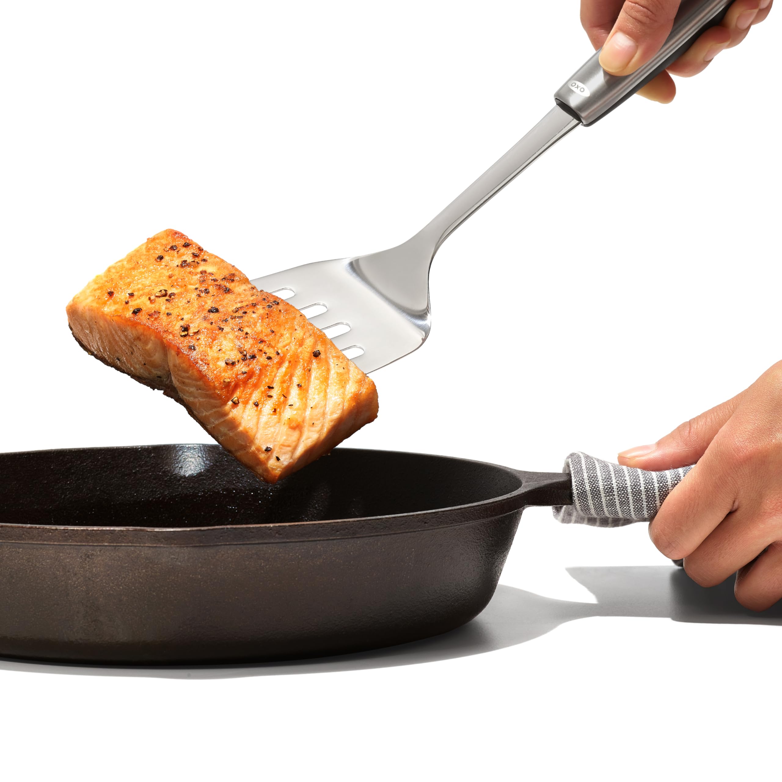 OXO Steel Cooking Turner dishwasher safe for quick cleanup after meals.