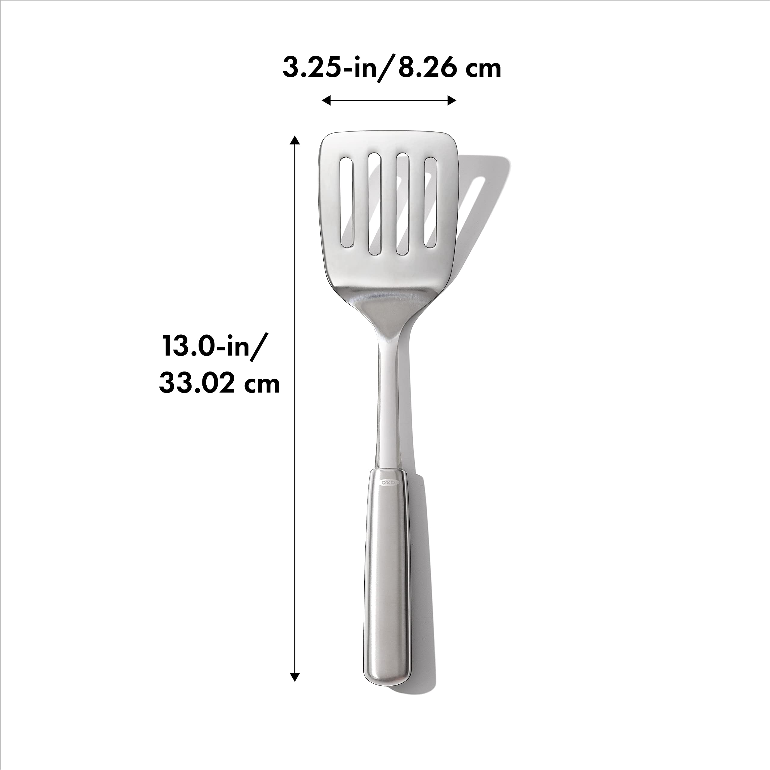 OXO Steel Cooking Turner stainless steel construction ensures lasting durability.