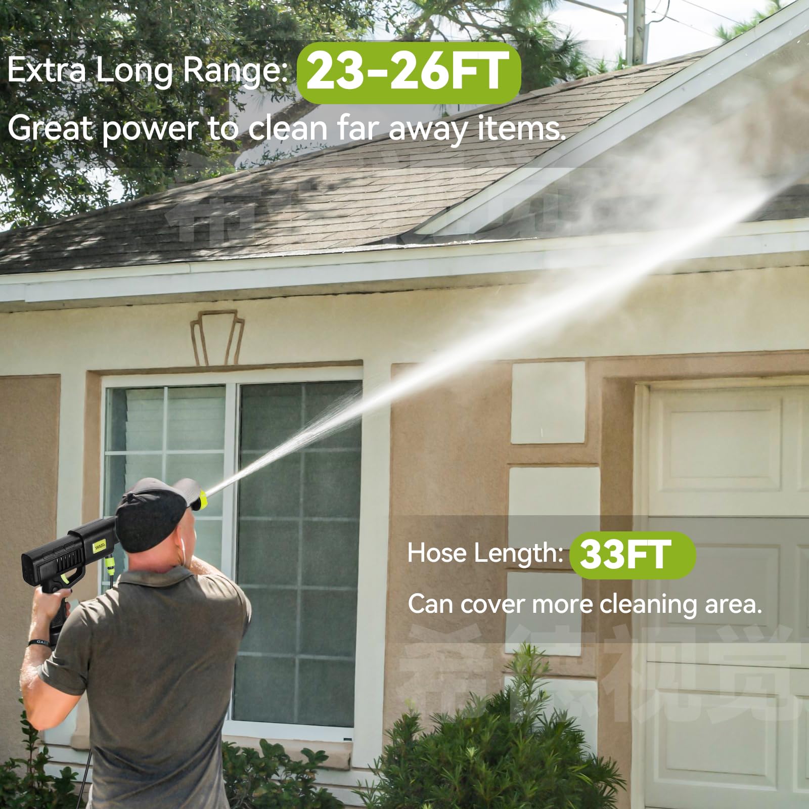 Oxtravyn 33ft ultra-long hose reaches high surfaces like roofs and walls.