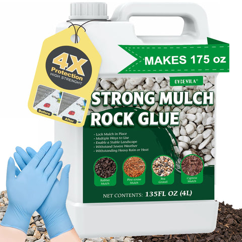 Oycevila 135oz Clear Mulch Glue bottle demonstrates easy spray-on bonding for outdoor projects.