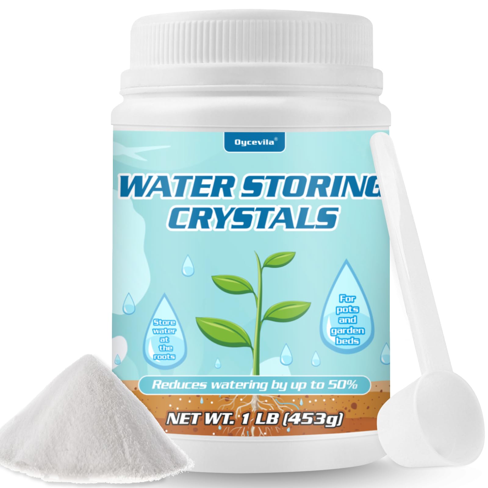 Oycevila 1lb water storing crystals with spoon for easy plant hydration.