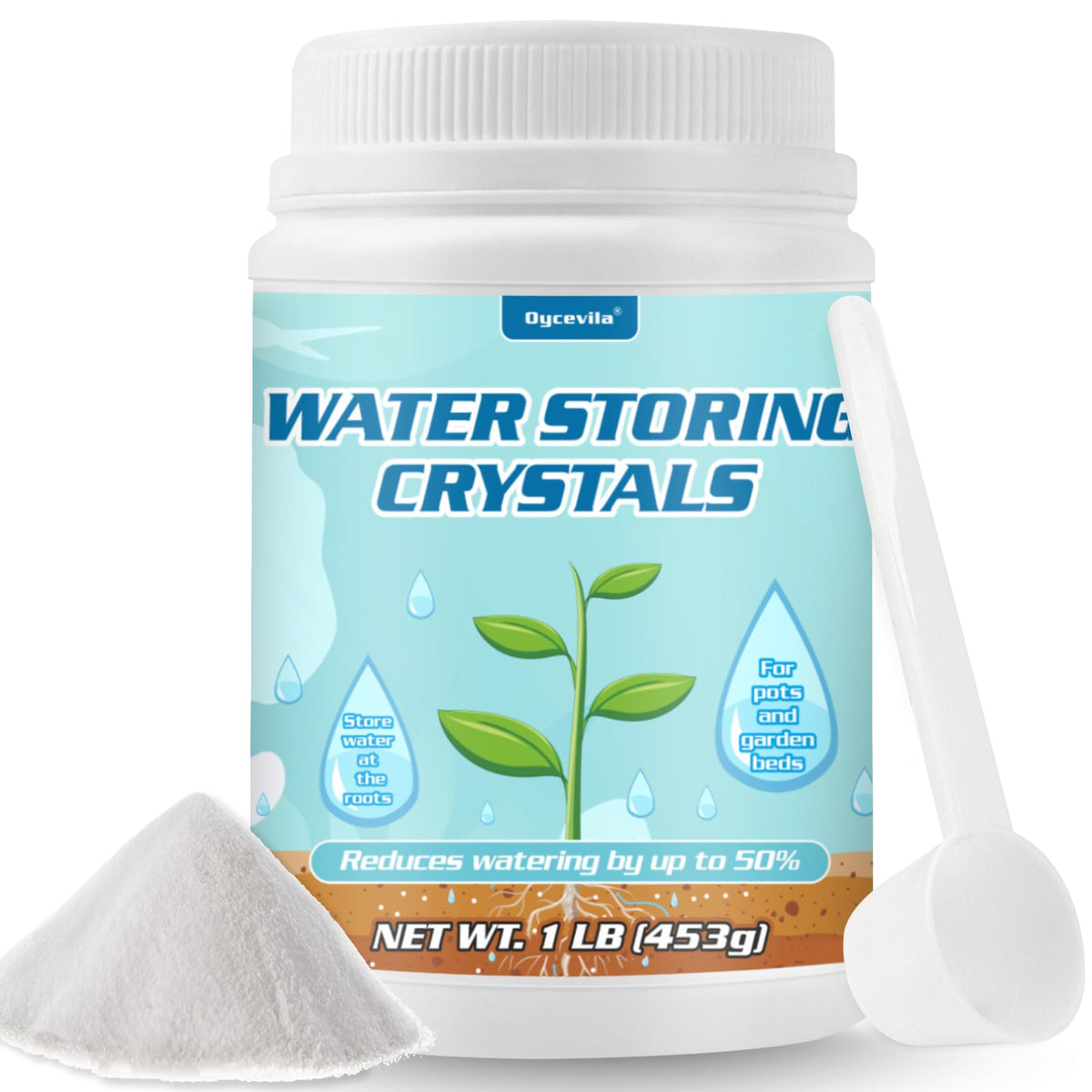 Oycevila 1lb water storing crystals with spoon for easy plant hydration.