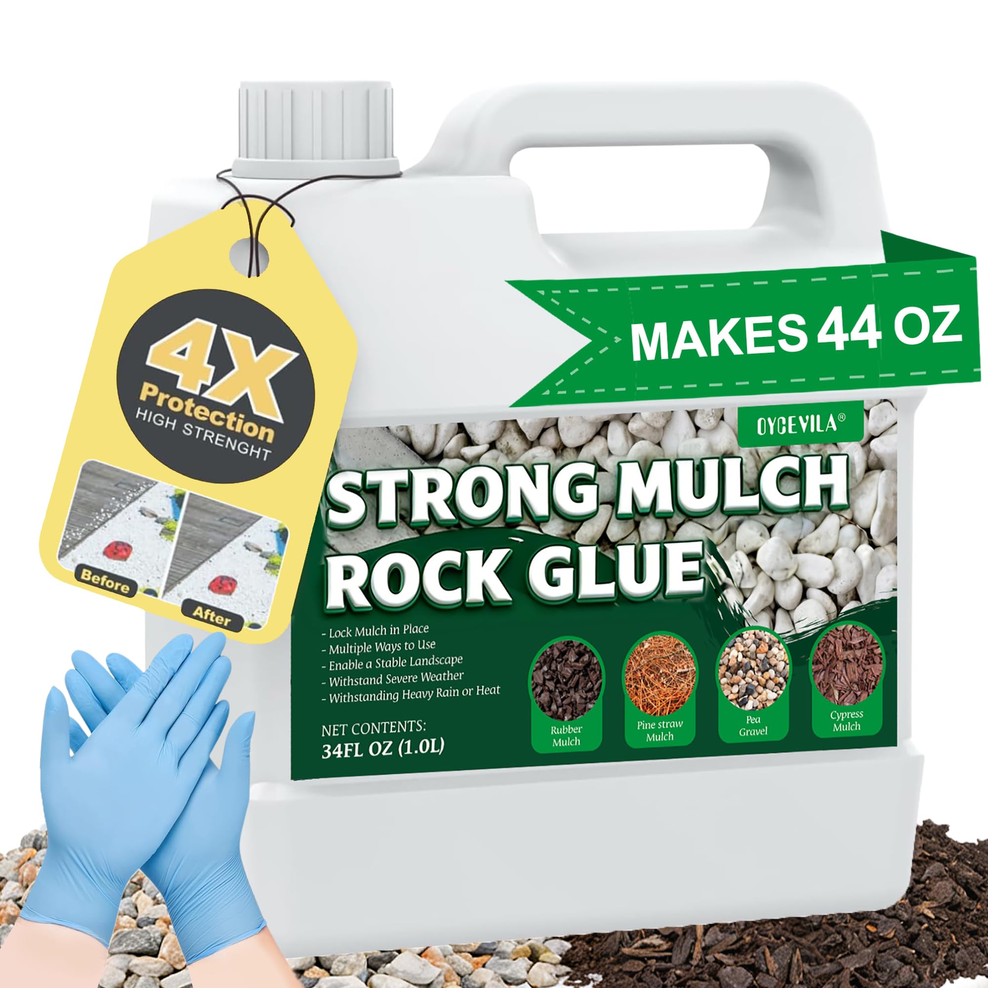 Oycevila 34oz clear mulch glue bottle-label highlights durable adhesion for landscapes.