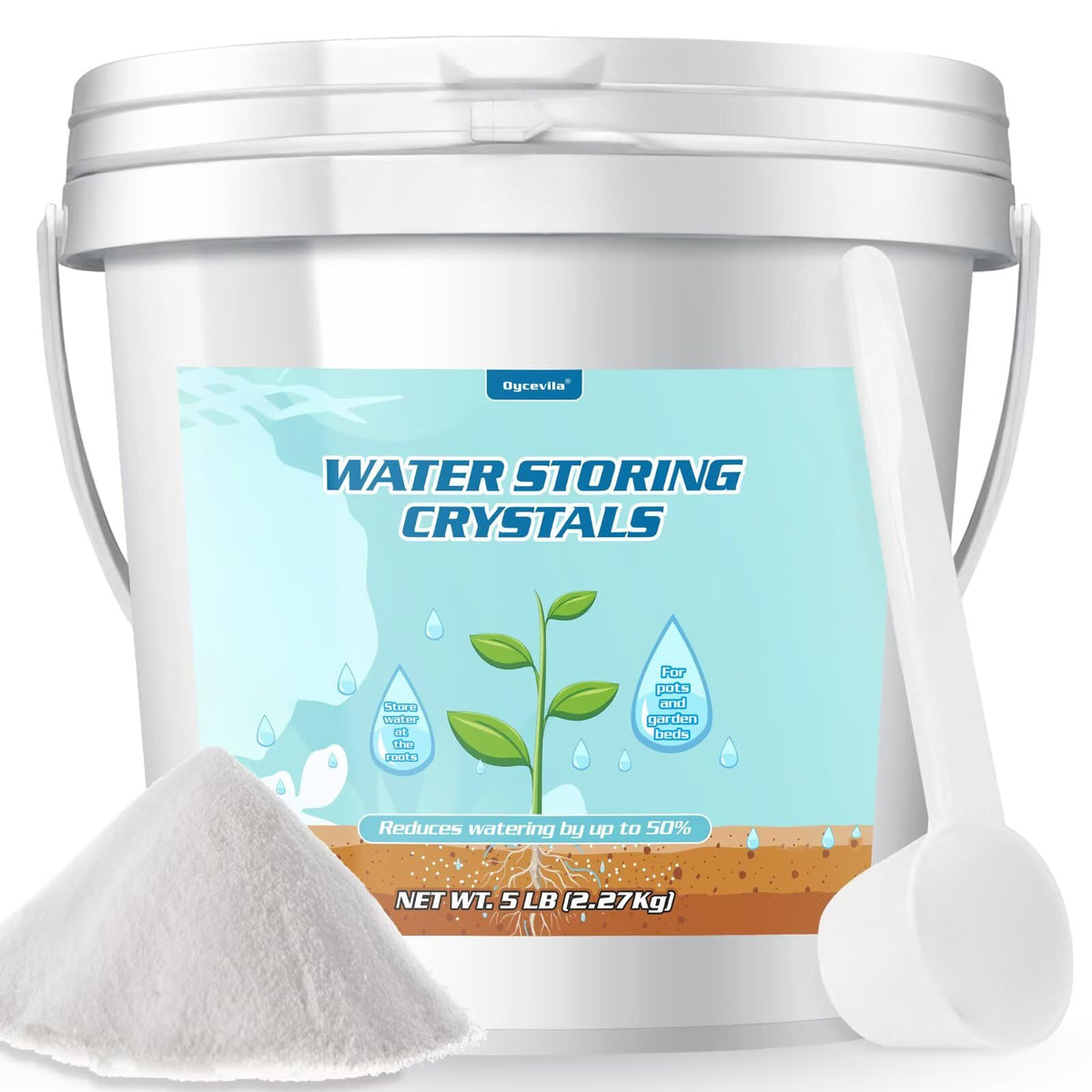 Oycevila 5LB water crystals bottle showing long-lasting soil hydration