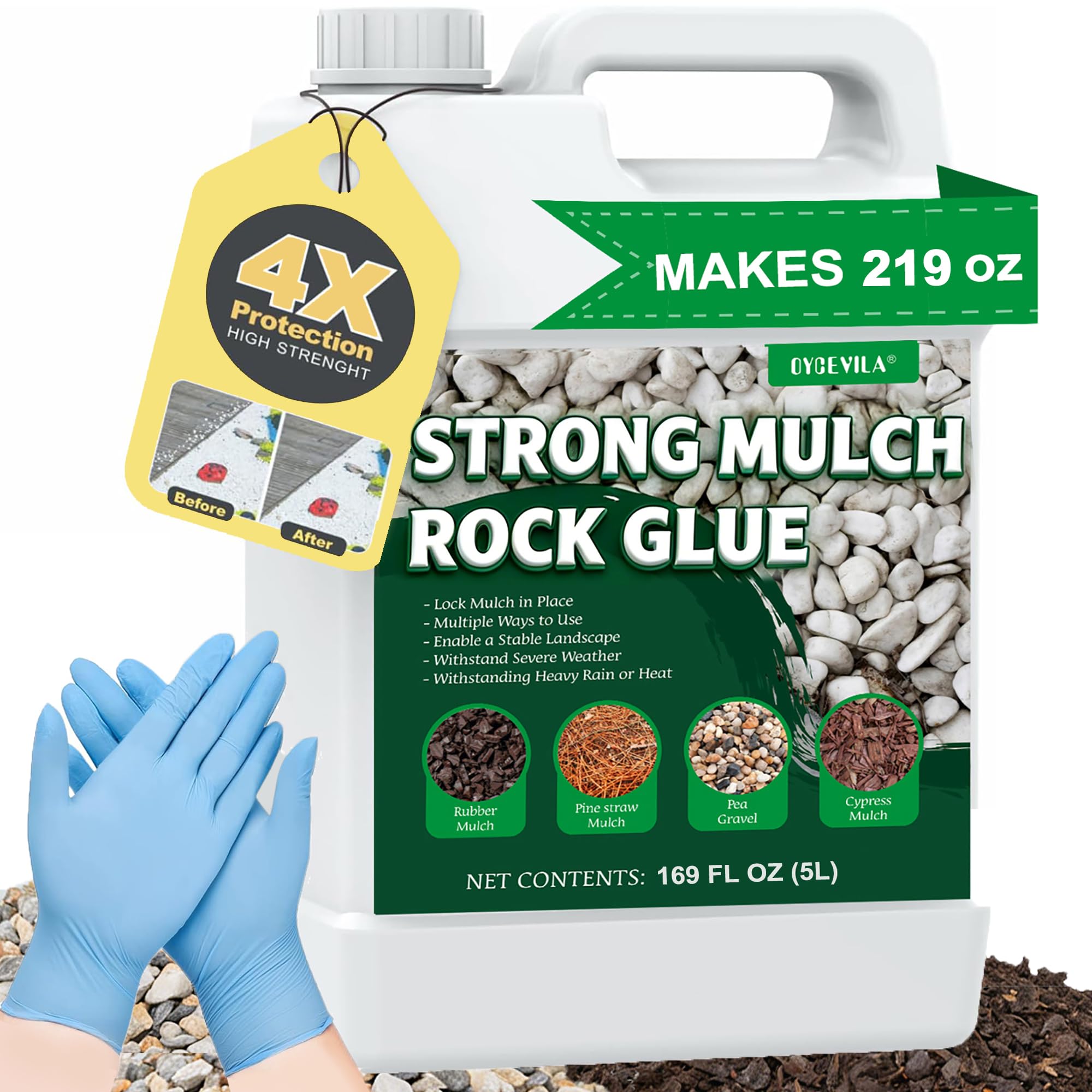 Oycevila clear mulch glue bottle close-up showing durable outdoor bonding.
