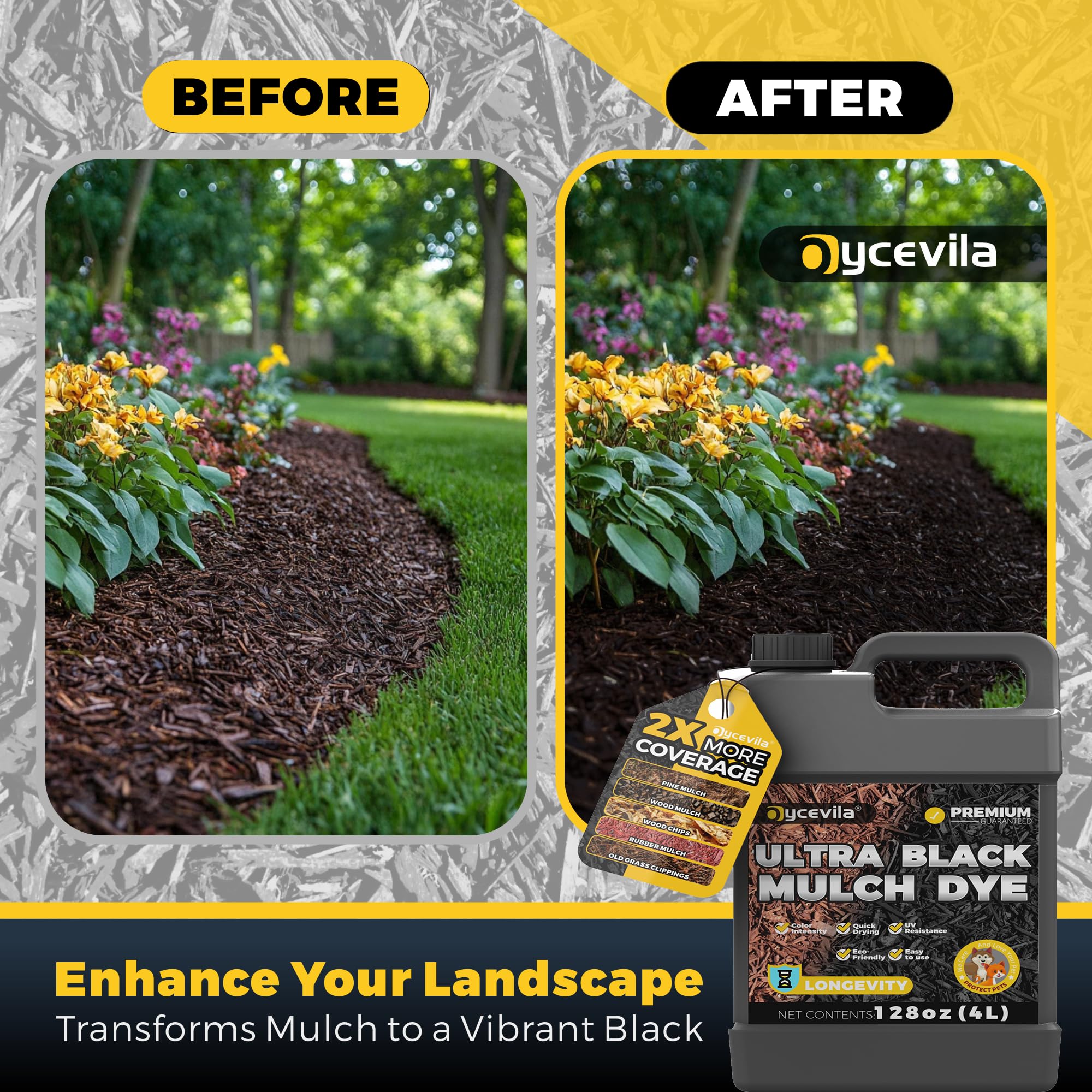 Oycevila mulch dye spray-coverage shows uniform application across bark and wood chips.