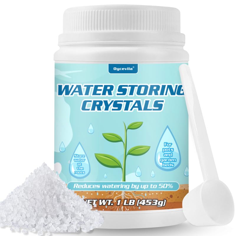 Oycevila water crystals bottle and spoon for easy plant hydration.
