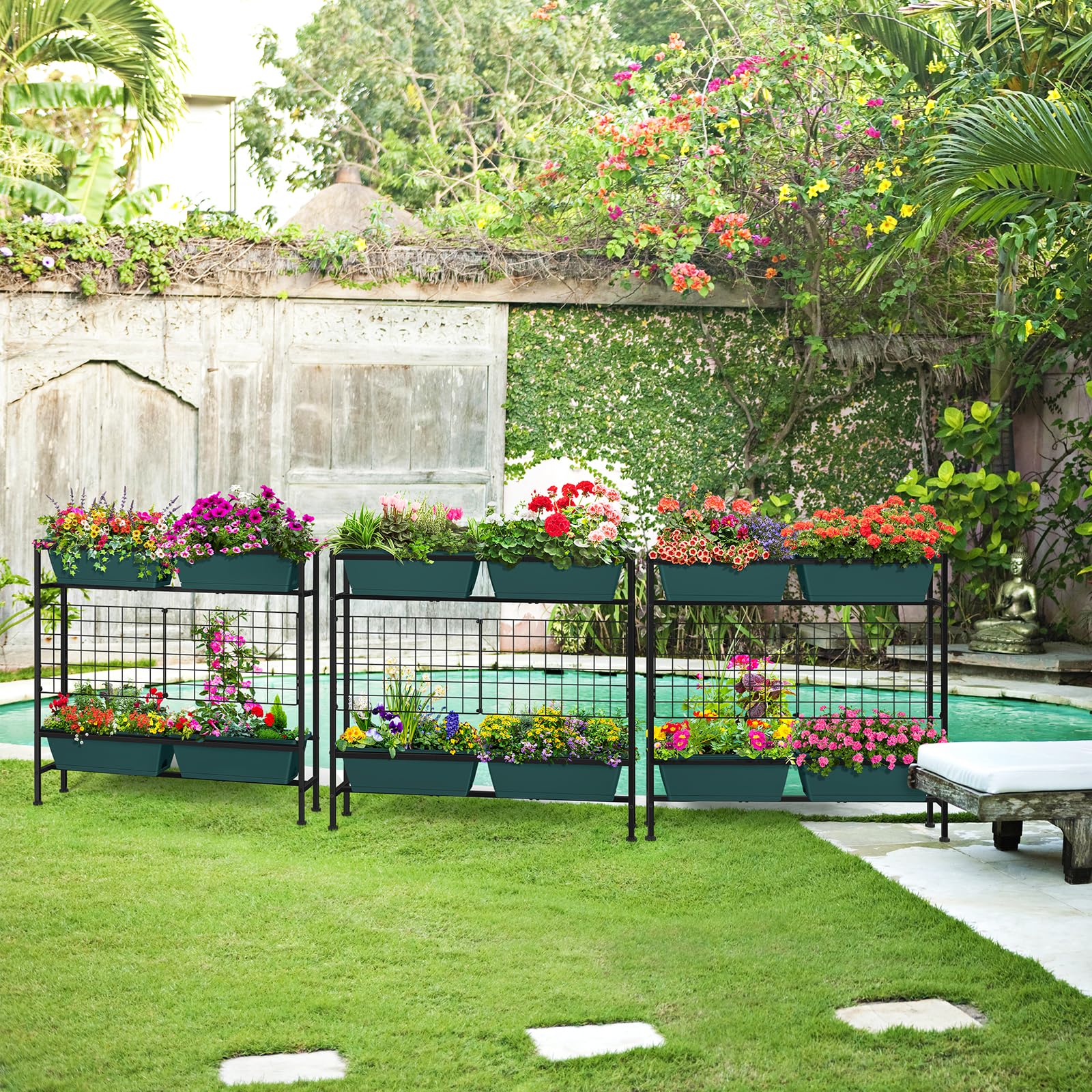 OYEAL durable plastic planters with a rust-resistant metal frame.