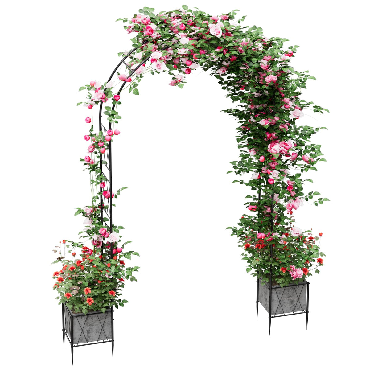 OYEAL garden arch with planter boxes provides dual sides for flowers and climbing plants