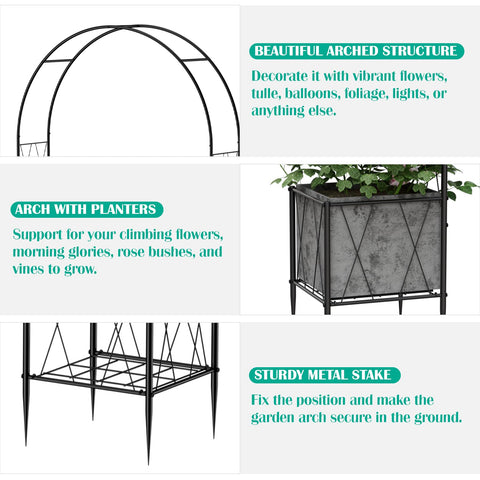 Close-up of OYEAL planter boxes on the arch for versatile planting
