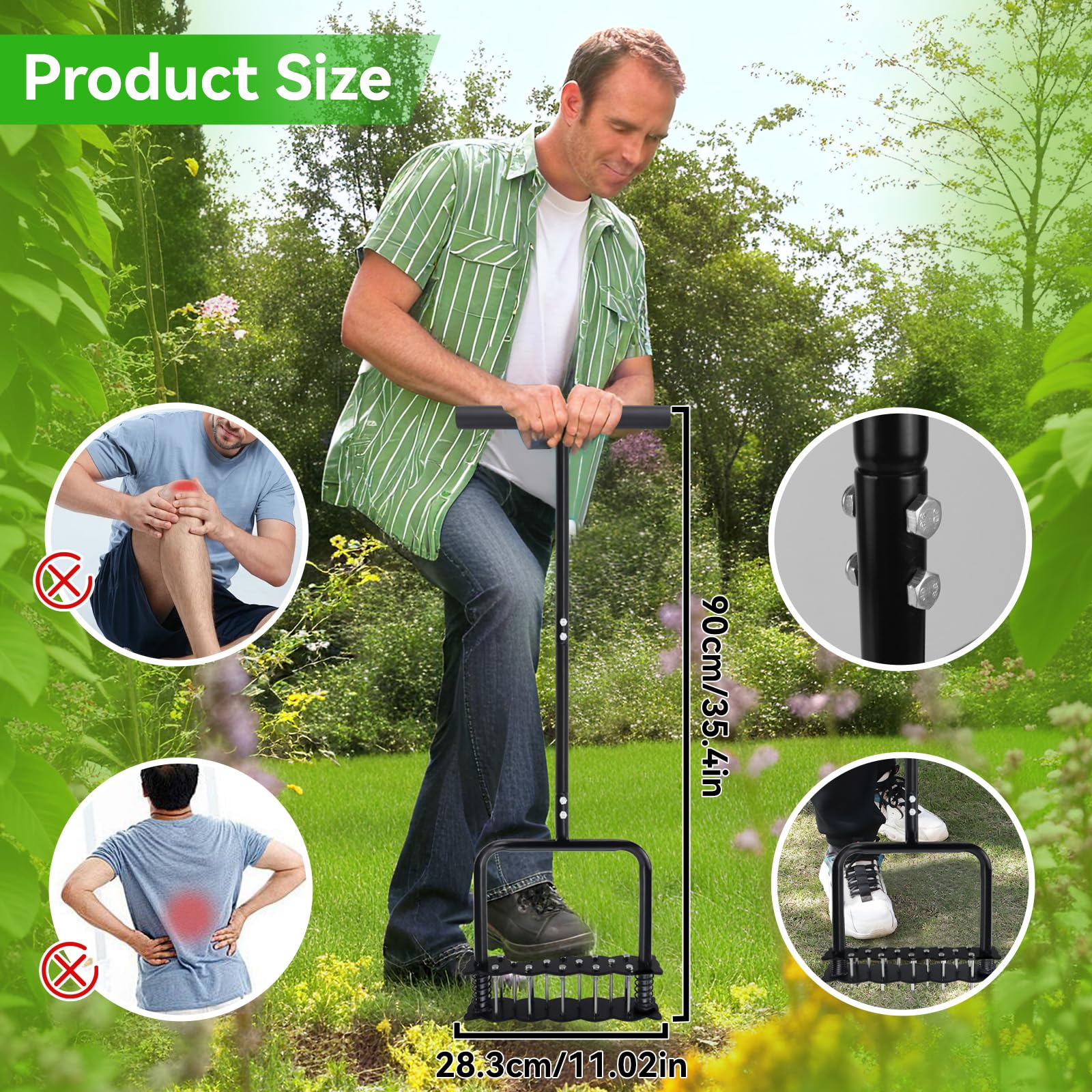 oyeftp lawn aerator in-use view shows comfortable handle and pedal