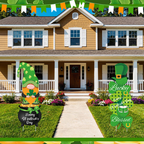 oyhqes garden party decor with shamrock signs for celebrations.