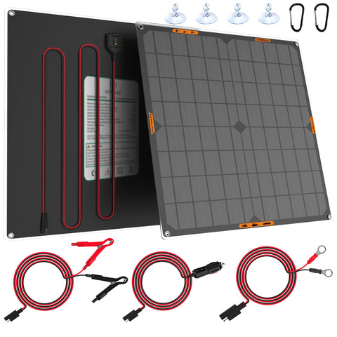 OYMSAE 20W solar panel front view powering a 12V battery outdoors.