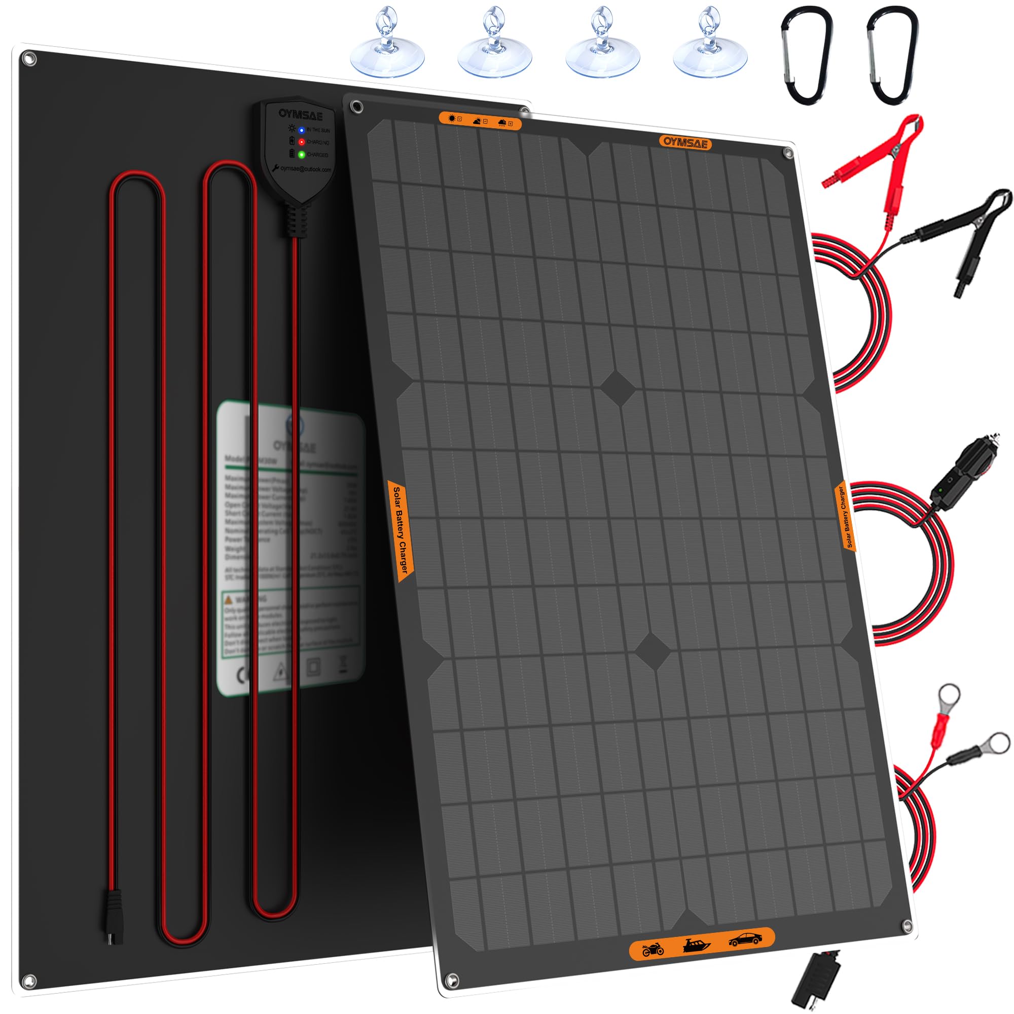 OYMSAE 30W solar panel front view for reliable 12V battery maintenance in sunlight