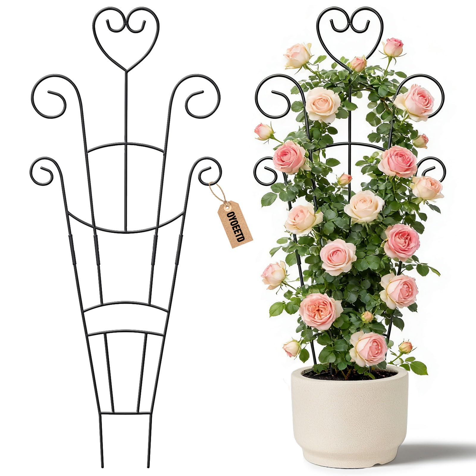 OYOEETD heart trellis 30in black enhances tall climbers while keeping containers tidy