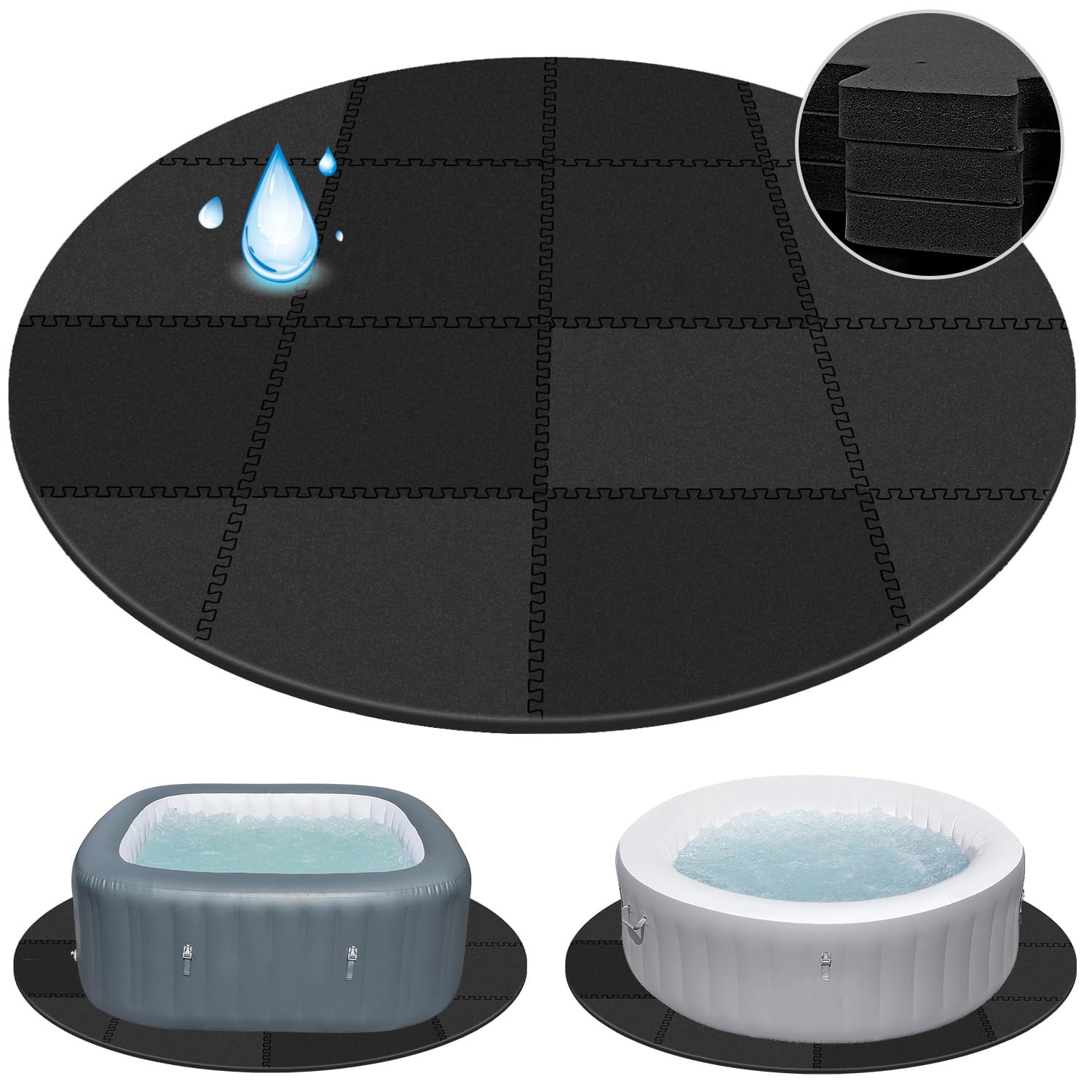Oyrlize 78-inch round hot tub mat cushions and protects the tub base