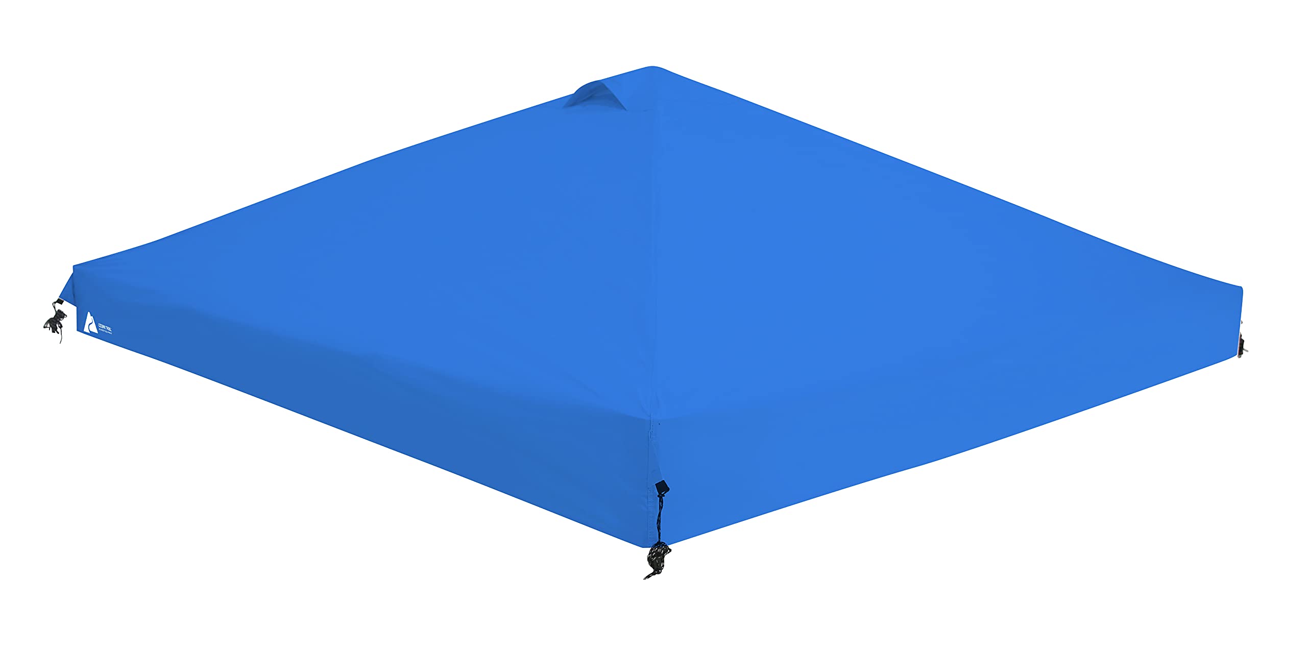 Blue Ozark Trail canopy top shown with stakes and rope for secure setup.