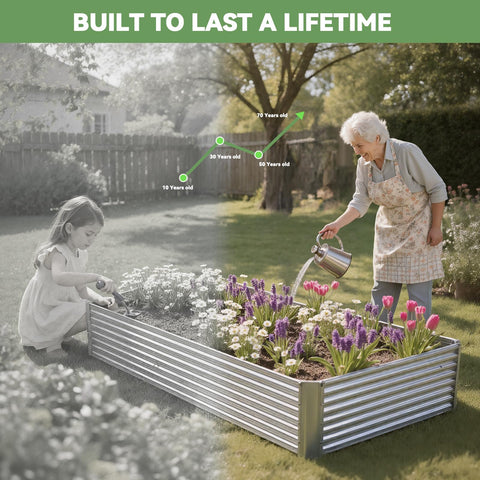 Backyard setup demonstrates durable, low maintenance gardening with raised beds.