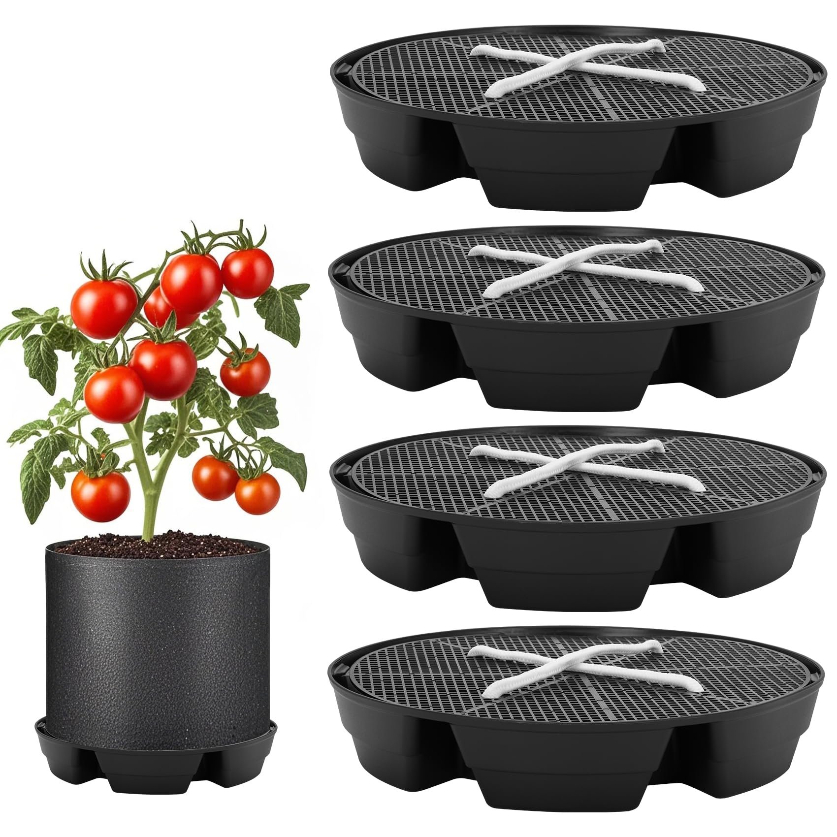 P Polerden self-watering base under a fabric grow bag showing easy setup benefits
