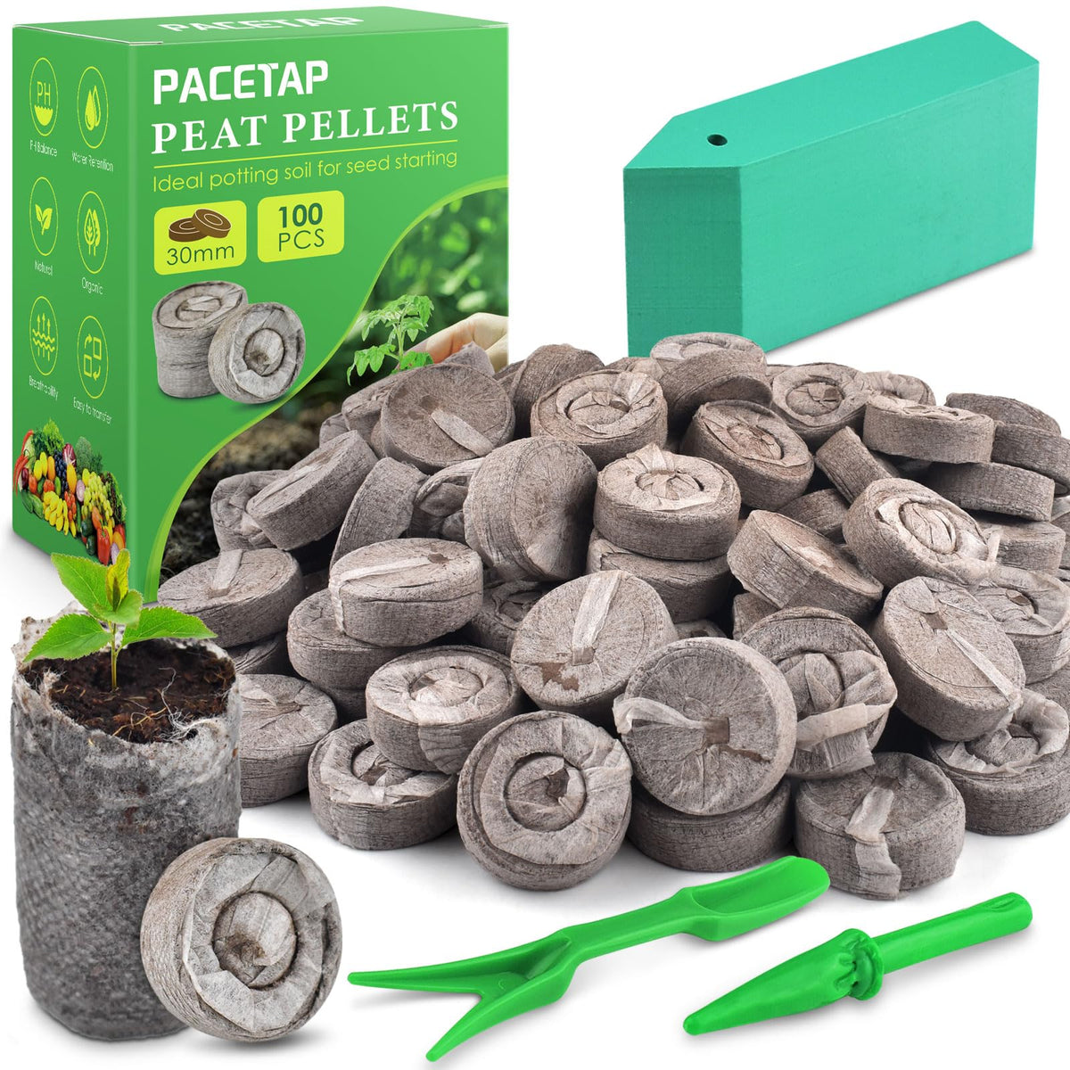 PACETAP 30mm peat pellet seed starter showing compact block for easy germination