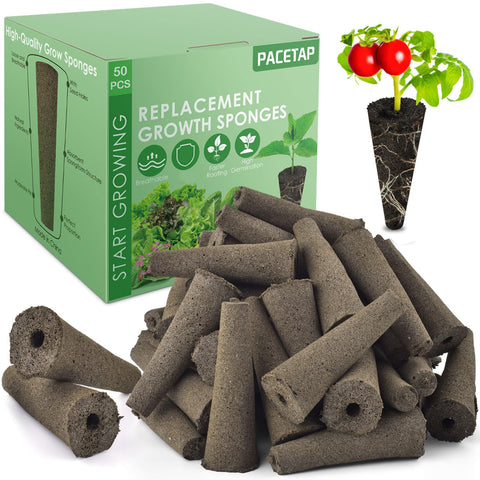 PACETAP 50-pack grow sponges shown with AeroGarden-compatible pods for indoor hydroponics.